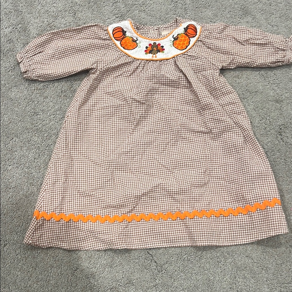 Brown Gingham Dress with Orange Embroidery